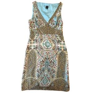 Nicole Miller 100% Silk Paisley Floral V-Neck Dress Blue Brown Sz 8 Boho Luxury